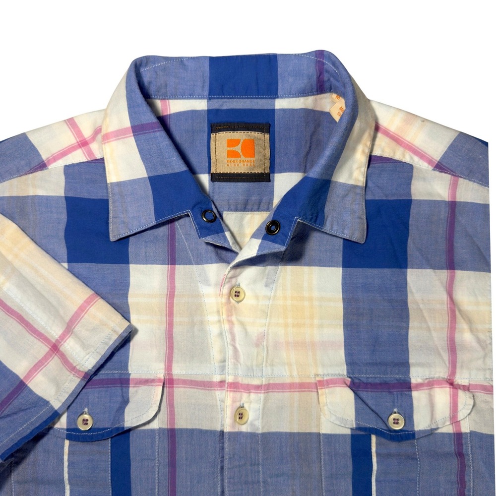Hugo Boss Orange Button Up Shirt Mens Medium Blue Plaid Good Short Sleeve Cotton